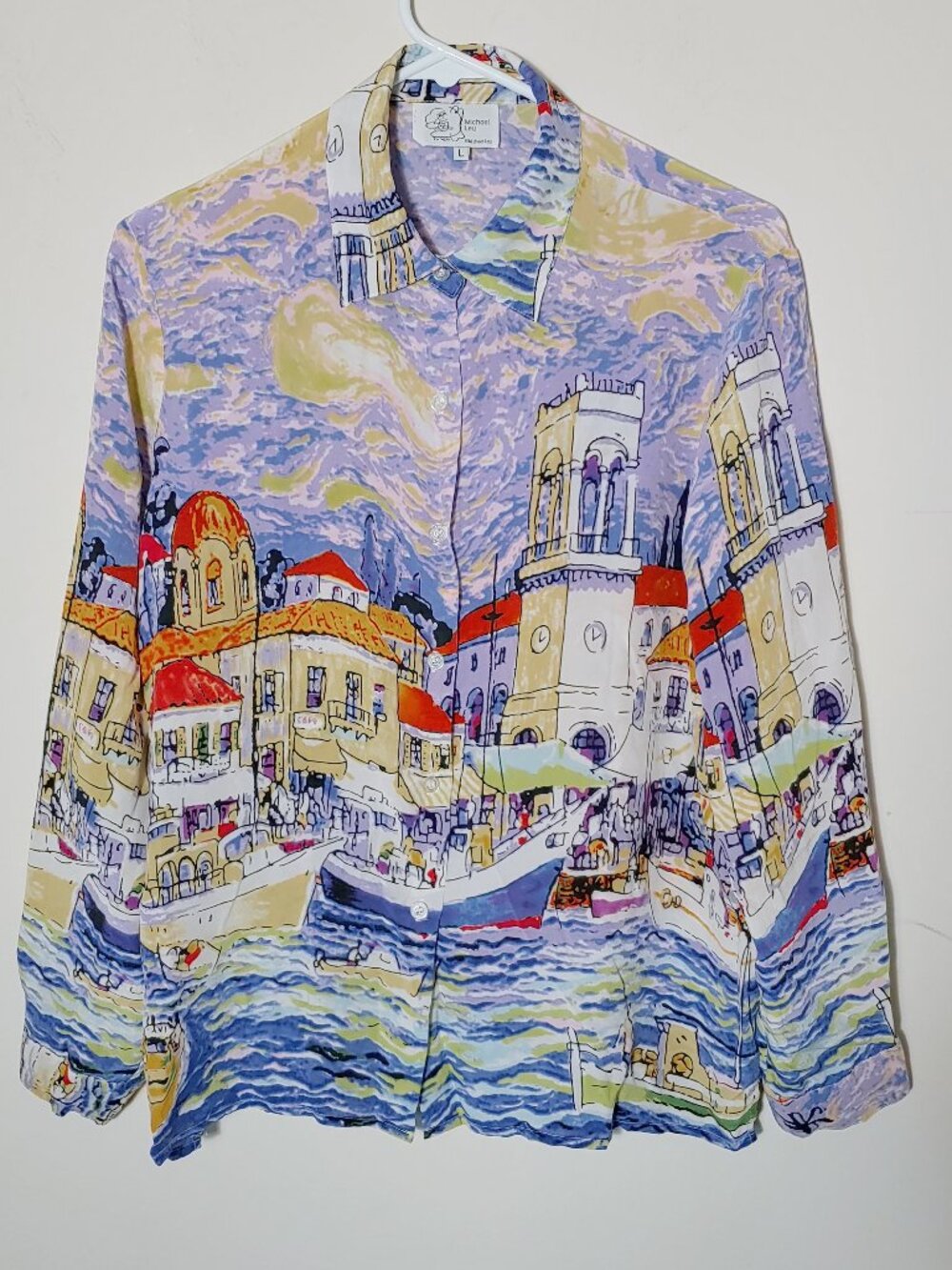 Michael Leu Wearable Art 100% Silk Blouse Long Sleeves Size L Purple